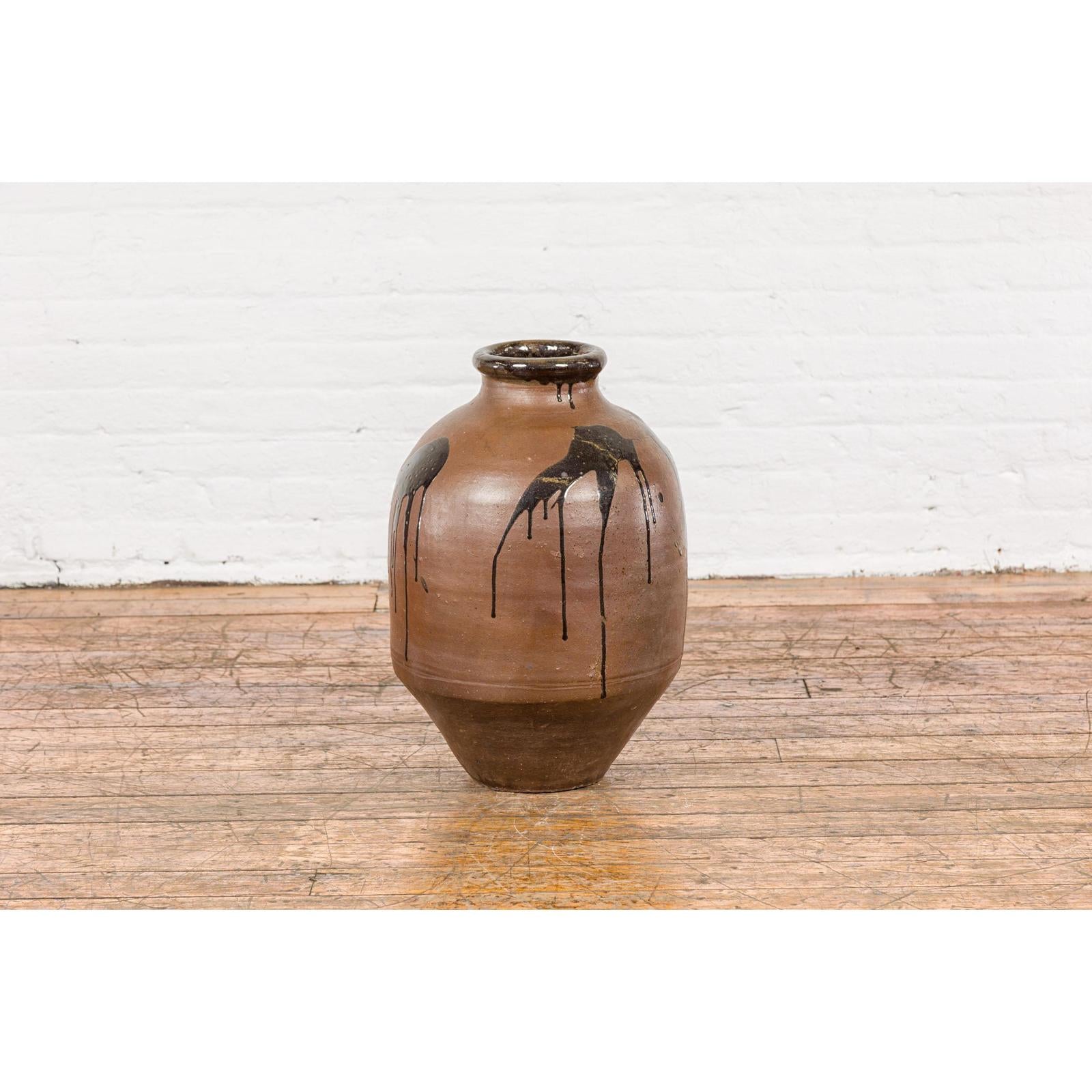 Taishō 1900s Tamba Tachikui Brown Jar with Drip Glaze