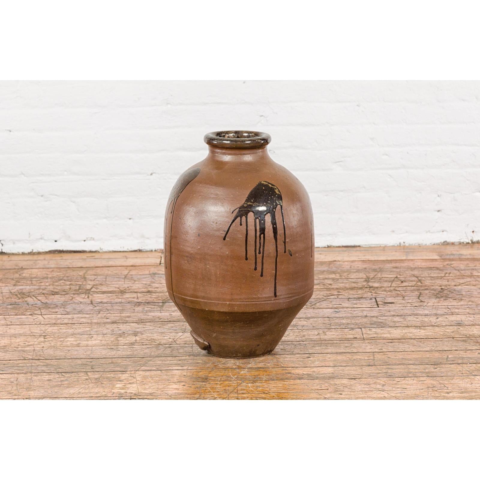 Taishō 1900s Tamba Tachikui Brown Jar with Drip Glaze