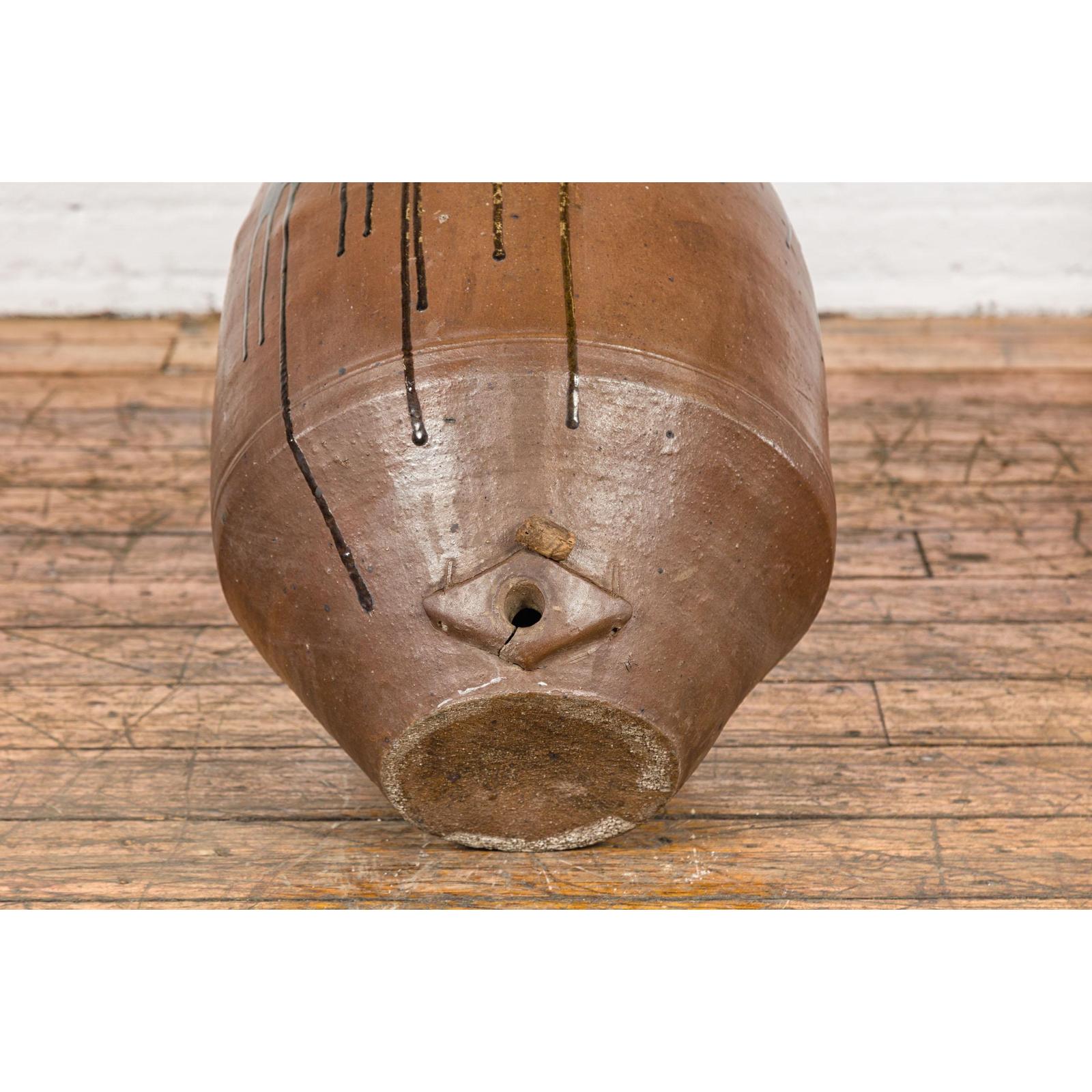 Taishō 1900s Tamba Tachikui Brown Jar with Drip Glaze