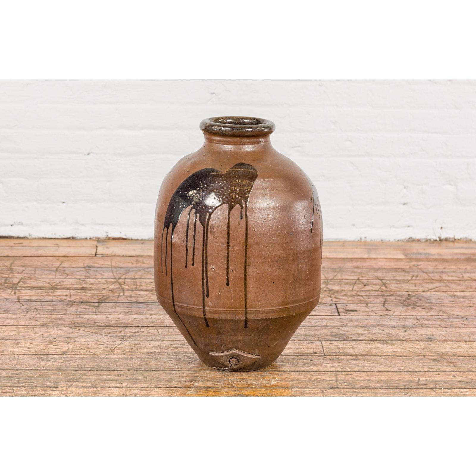 Taishō 1900s Tamba Tachikui Brown Jar with Drip Glaze