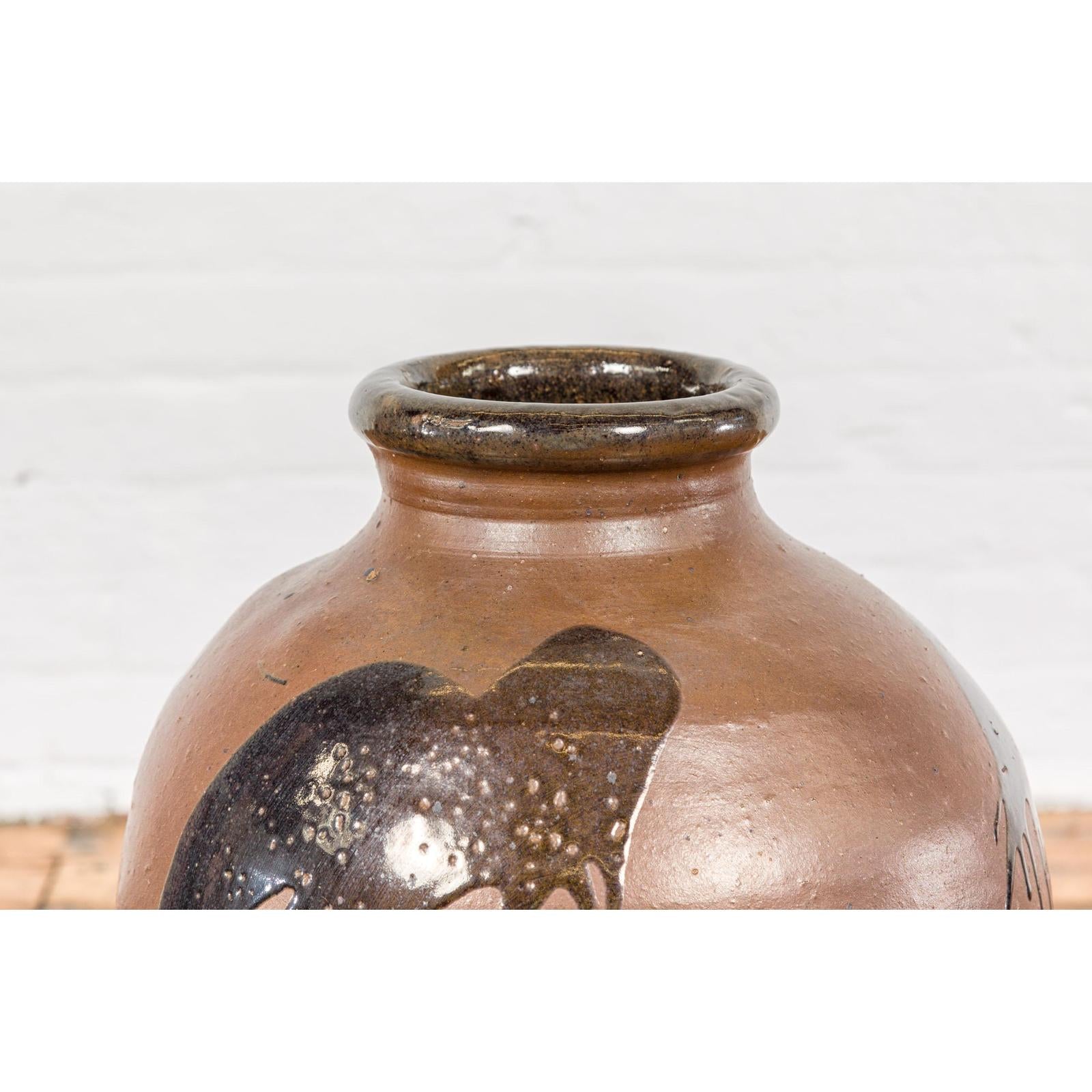 Taishō 1900s Tamba Tachikui Brown Jar with Drip Glaze