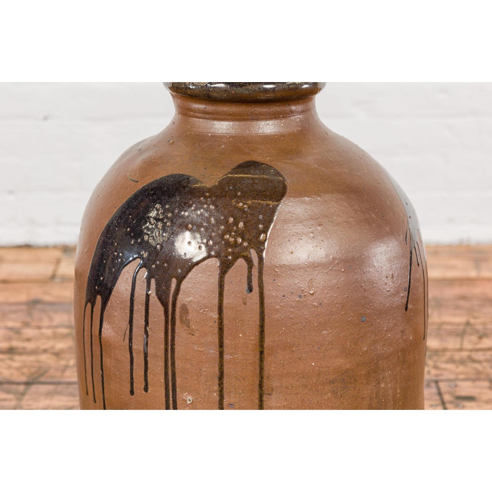 Taishō 1900s Tamba Tachikui Brown Jar with Drip Glaze