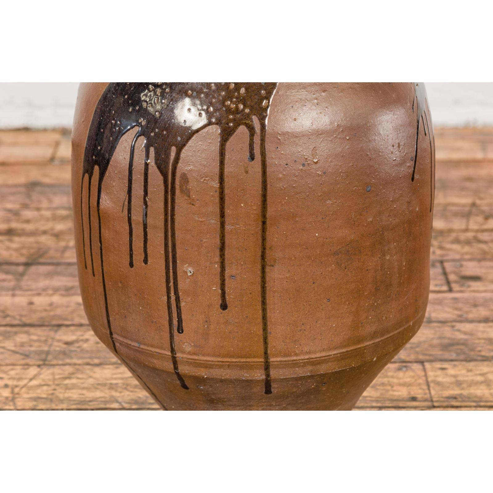 Taishō 1900s Tamba Tachikui Brown Jar with Drip Glaze