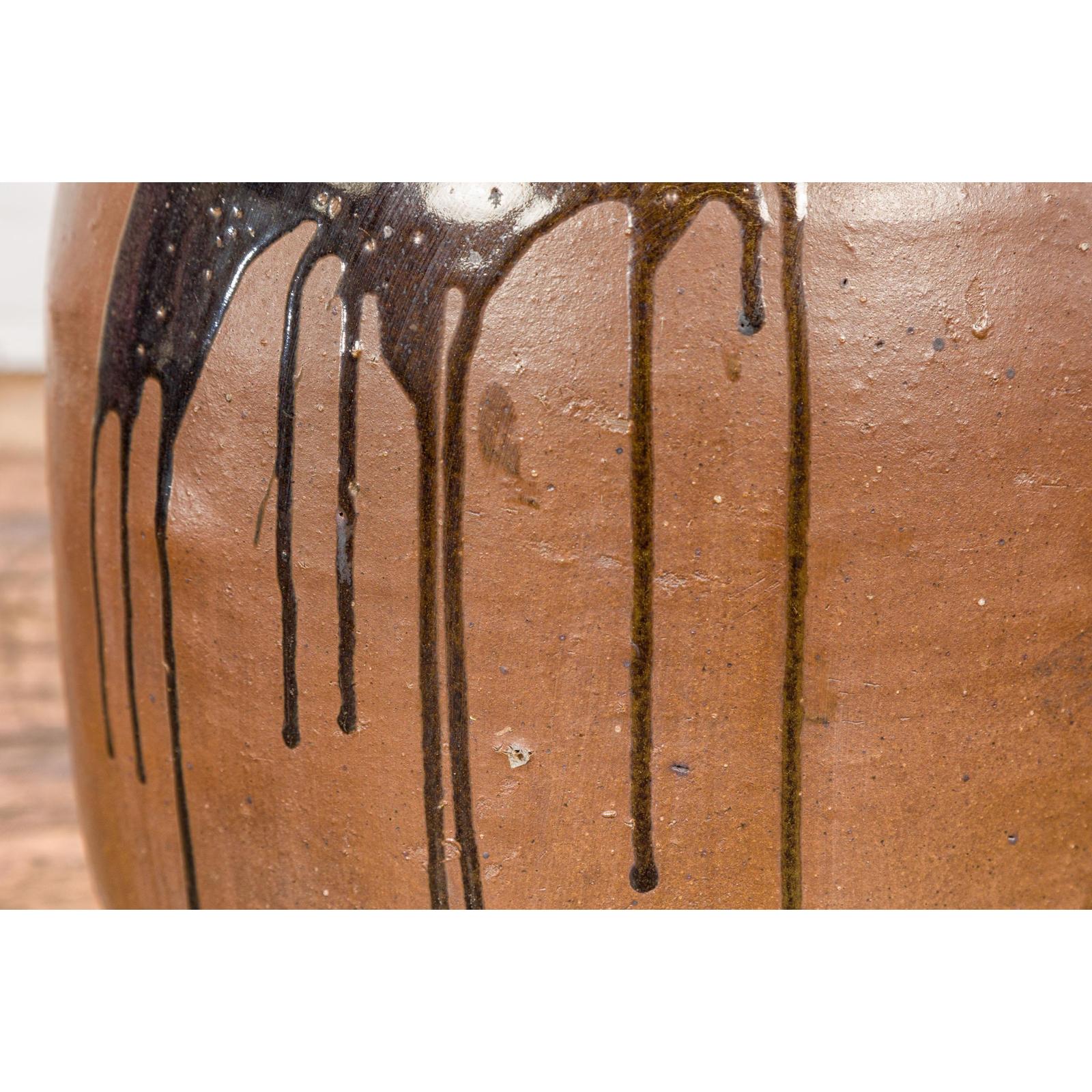 Taishō 1900s Tamba Tachikui Brown Jar with Drip Glaze