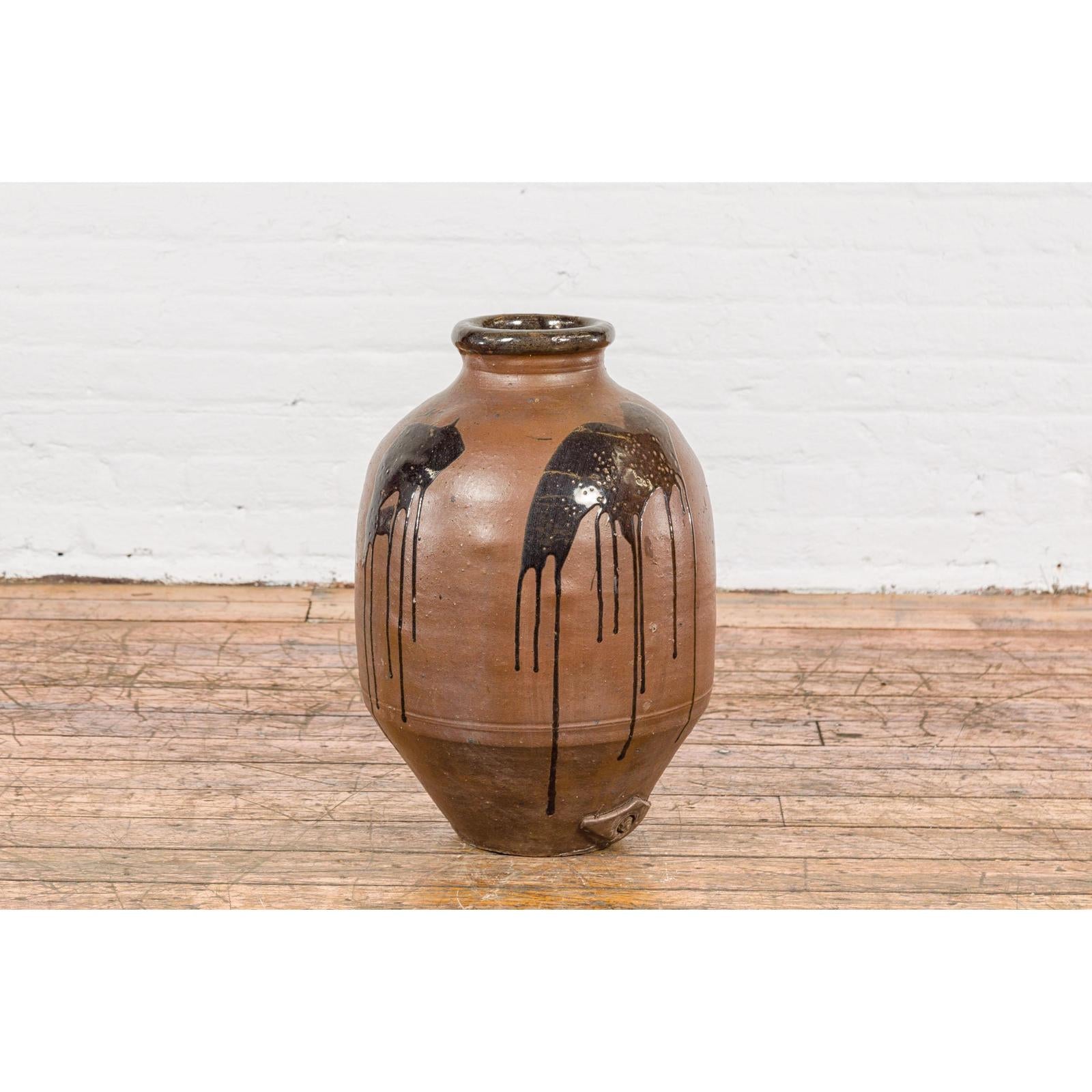 Taishō 1900s Tamba Tachikui Brown Jar with Drip Glaze