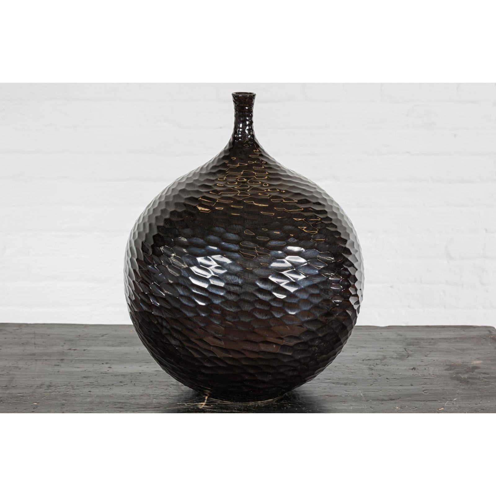 Bulb Shaped Black Vase with Honeycomb Pattern