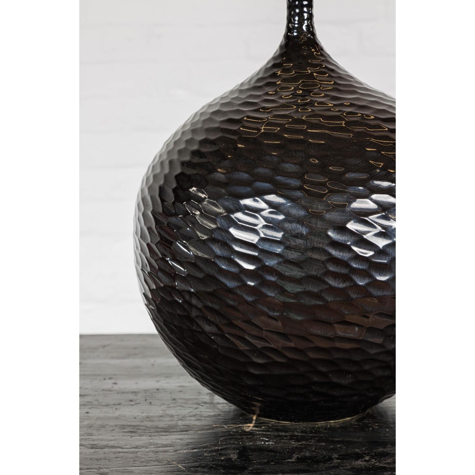 Bulb Shaped Black Vase with Honeycomb Pattern