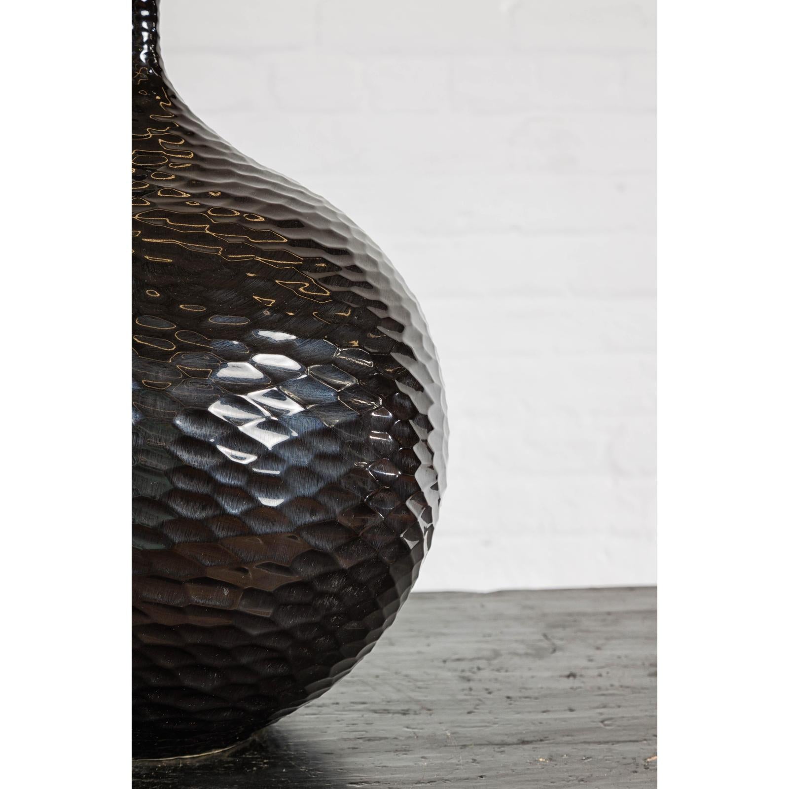 Bulb Shaped Black Vase with Honeycomb Pattern