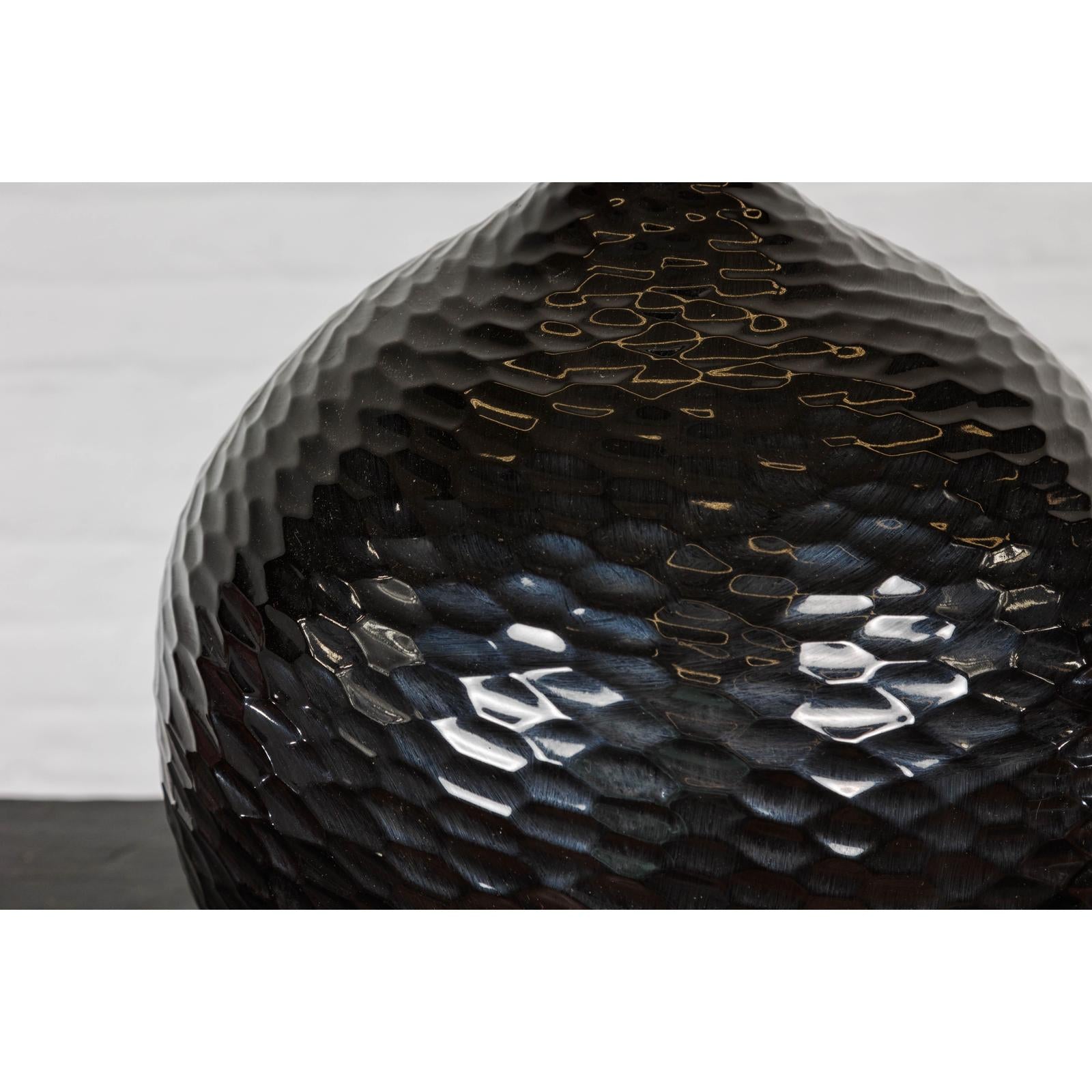 Bulb Shaped Black Vase with Honeycomb Pattern