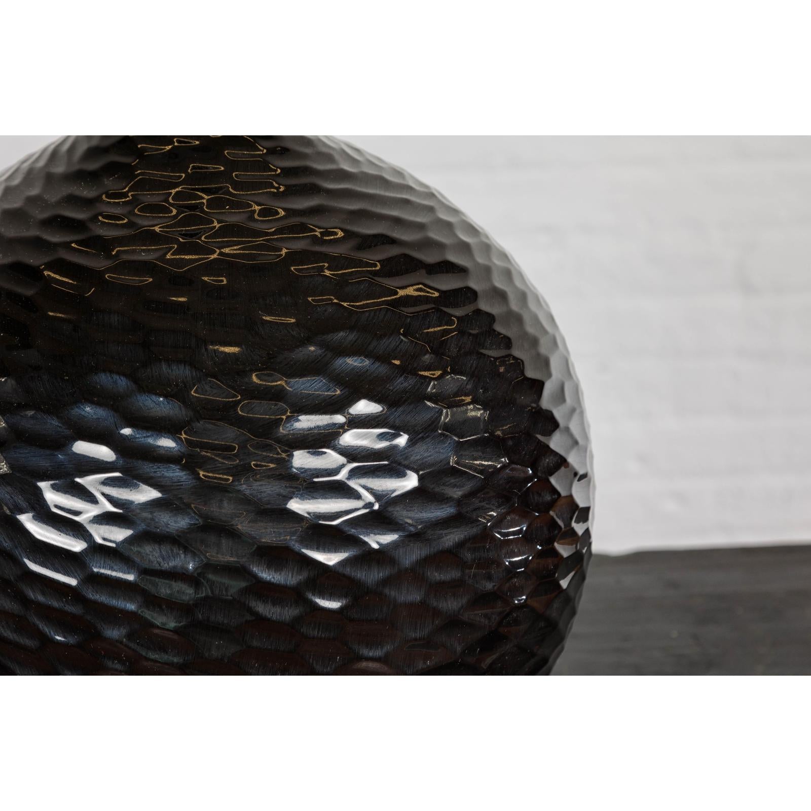 Bulb Shaped Black Vase with Honeycomb Pattern
