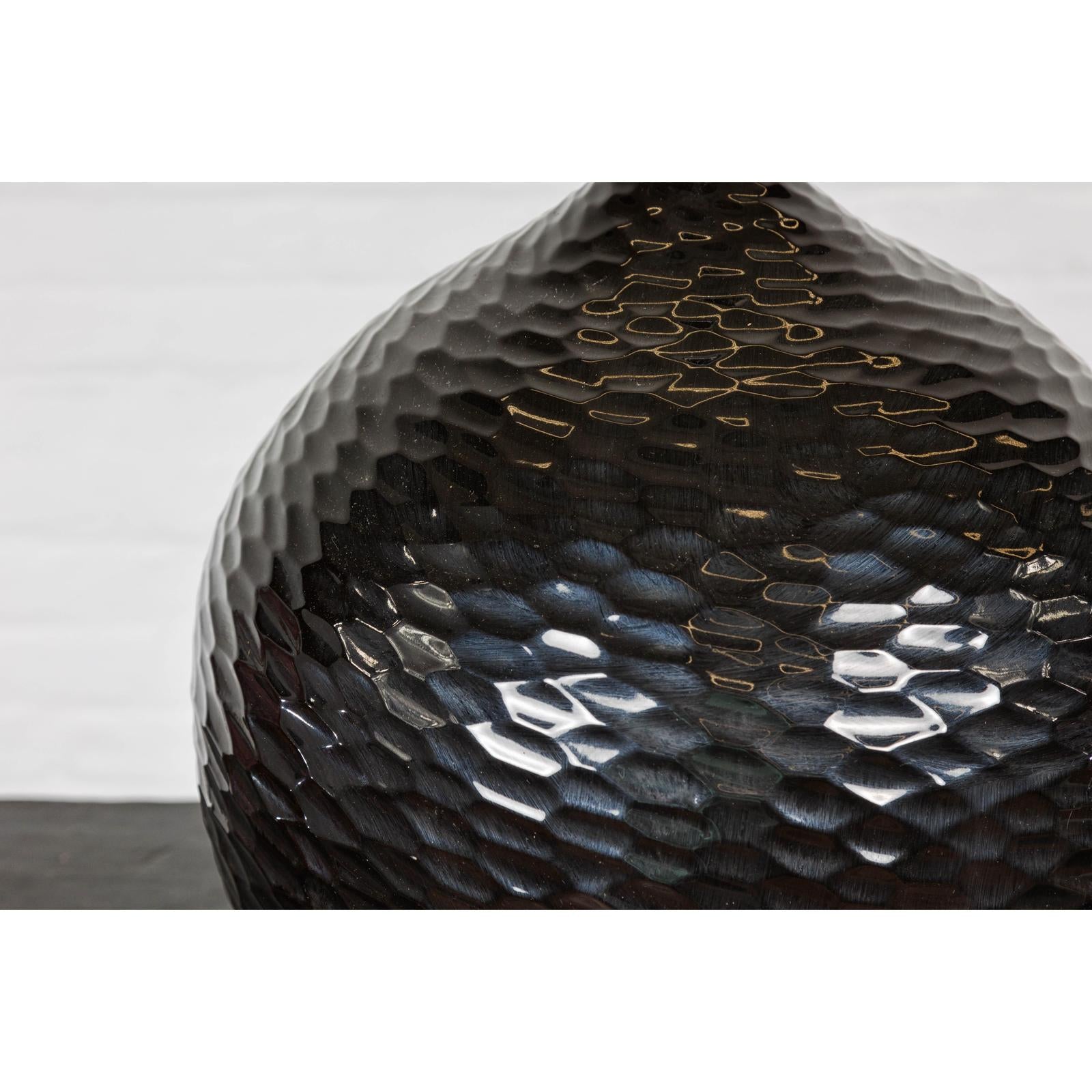 Bulb Shaped Black Vase with Honeycomb Pattern