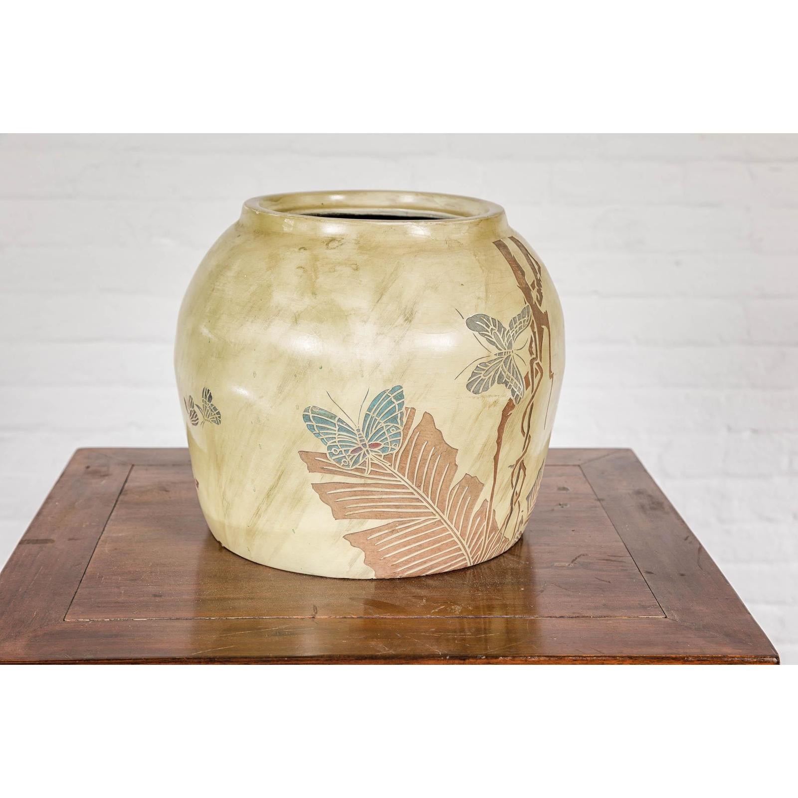 Antique Mustard Glazed Ceramic Planter with Butterfly Decor
