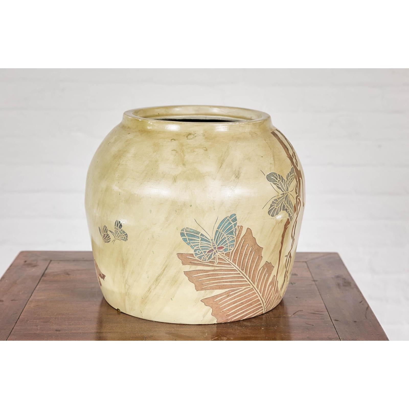 Antique Mustard Glazed Ceramic Planter with Butterfly Decor