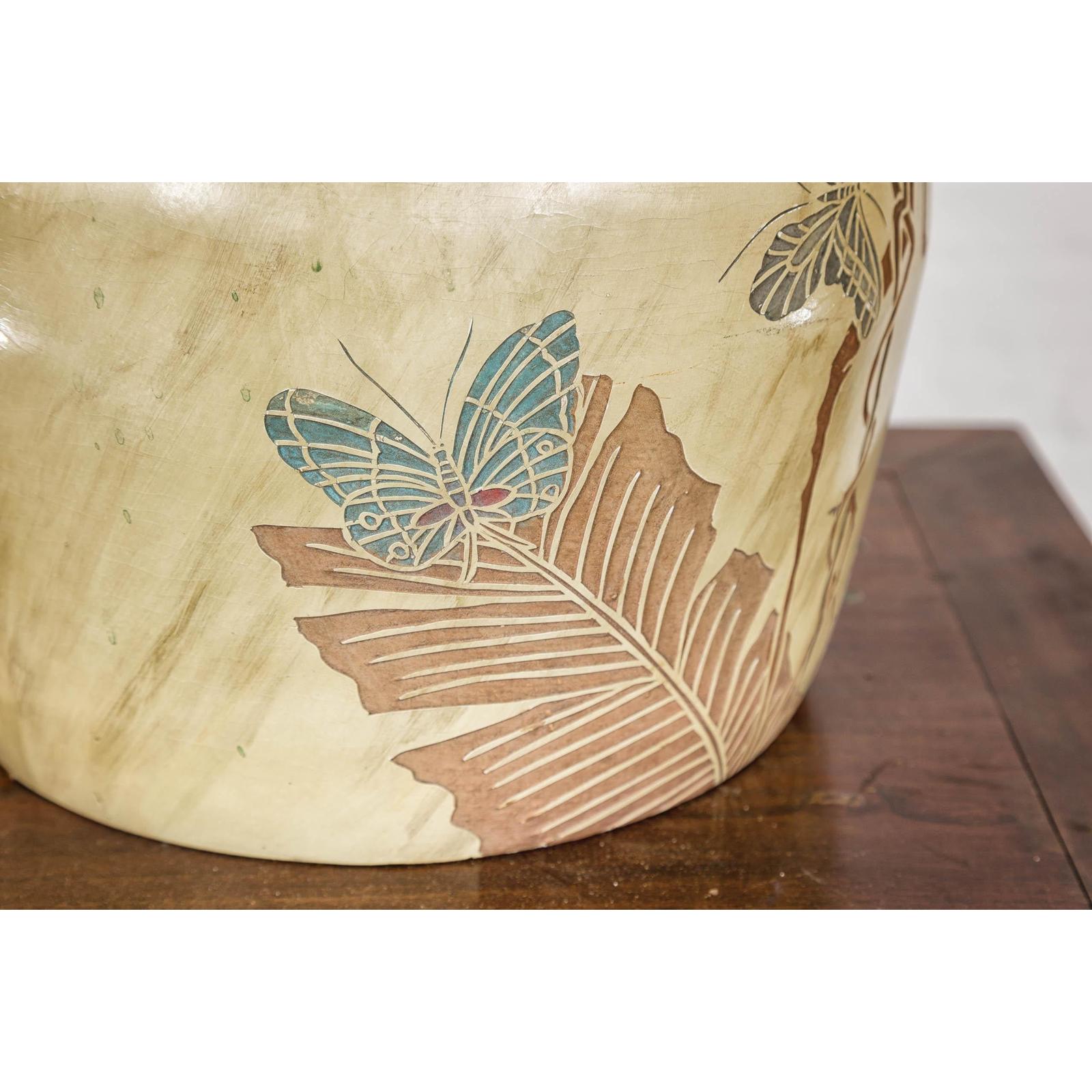 Antique Mustard Glazed Ceramic Planter with Butterfly Decor