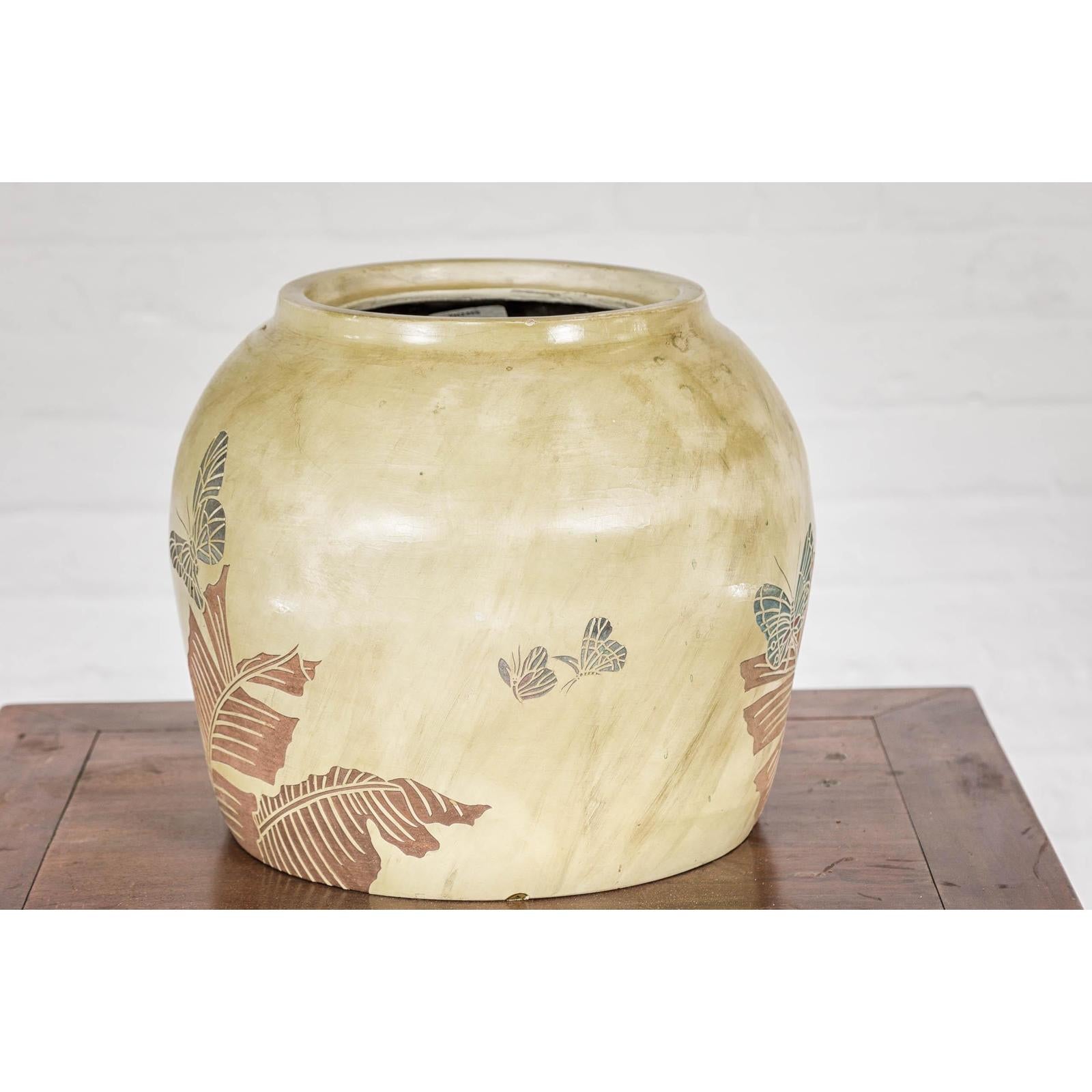 Antique Mustard Glazed Ceramic Planter with Butterfly Decor