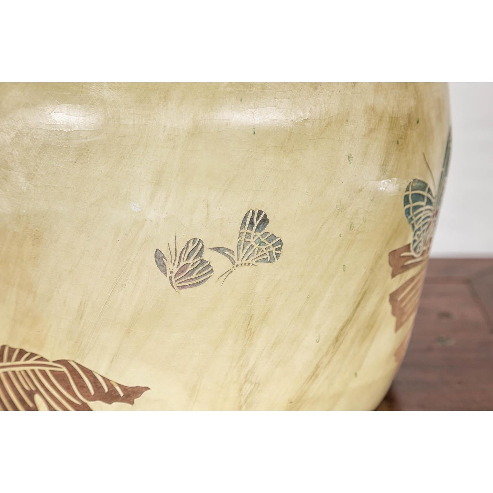 Antique Mustard Glazed Ceramic Planter with Butterfly Decor