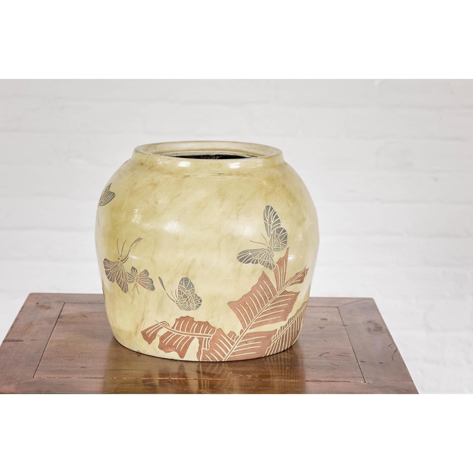 Antique Mustard Glazed Ceramic Planter with Butterfly Decor