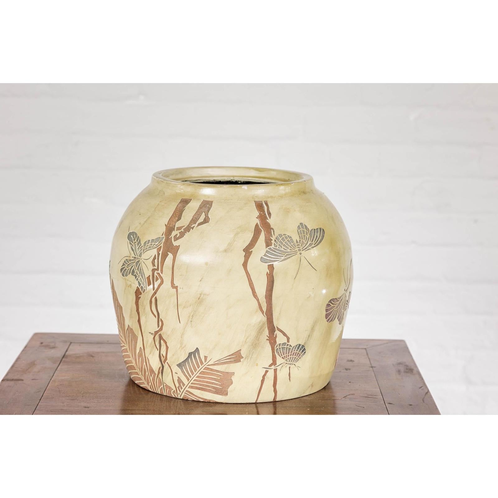Antique Mustard Glazed Ceramic Planter with Butterfly Decor