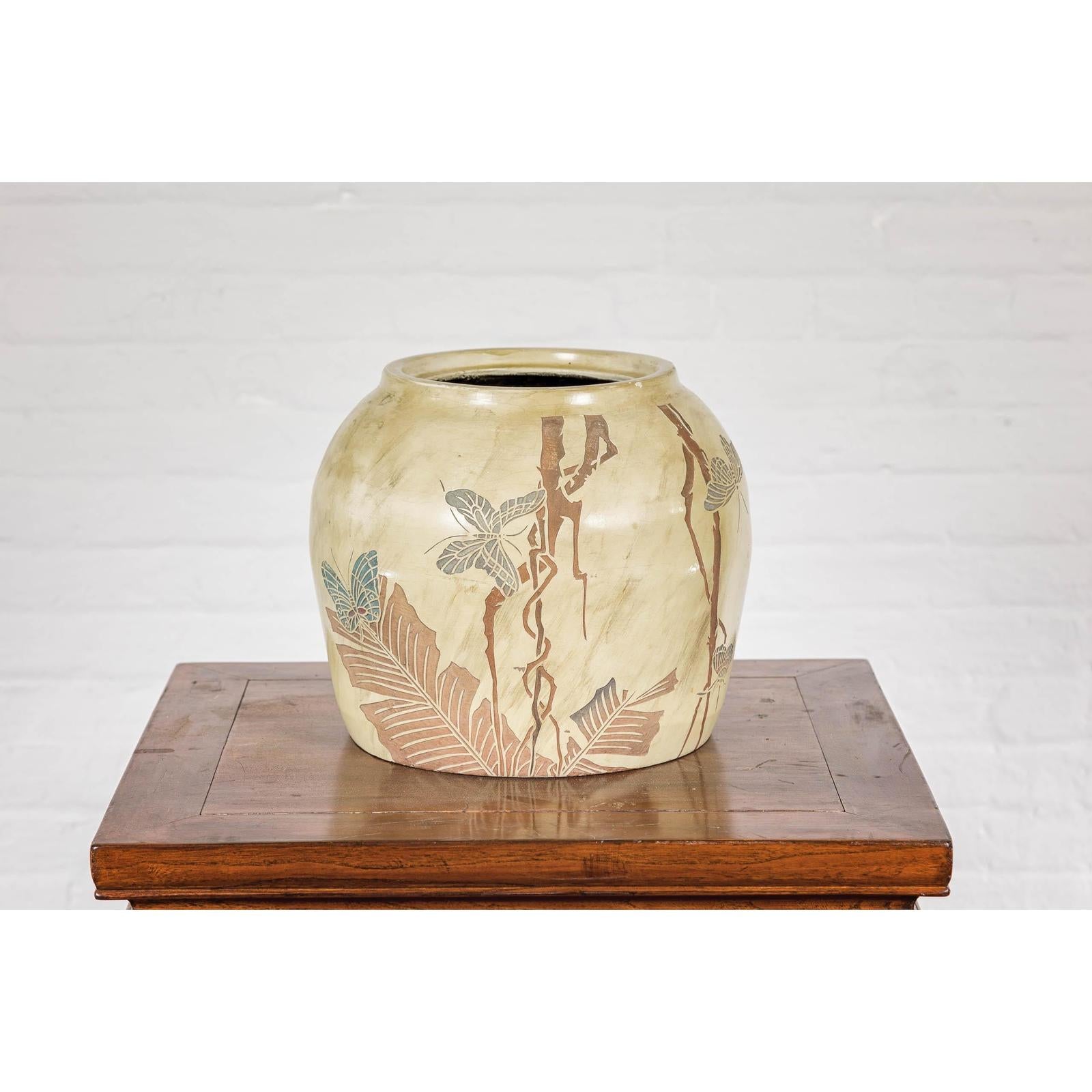 Antique Mustard Glazed Ceramic Planter with Butterfly Decor