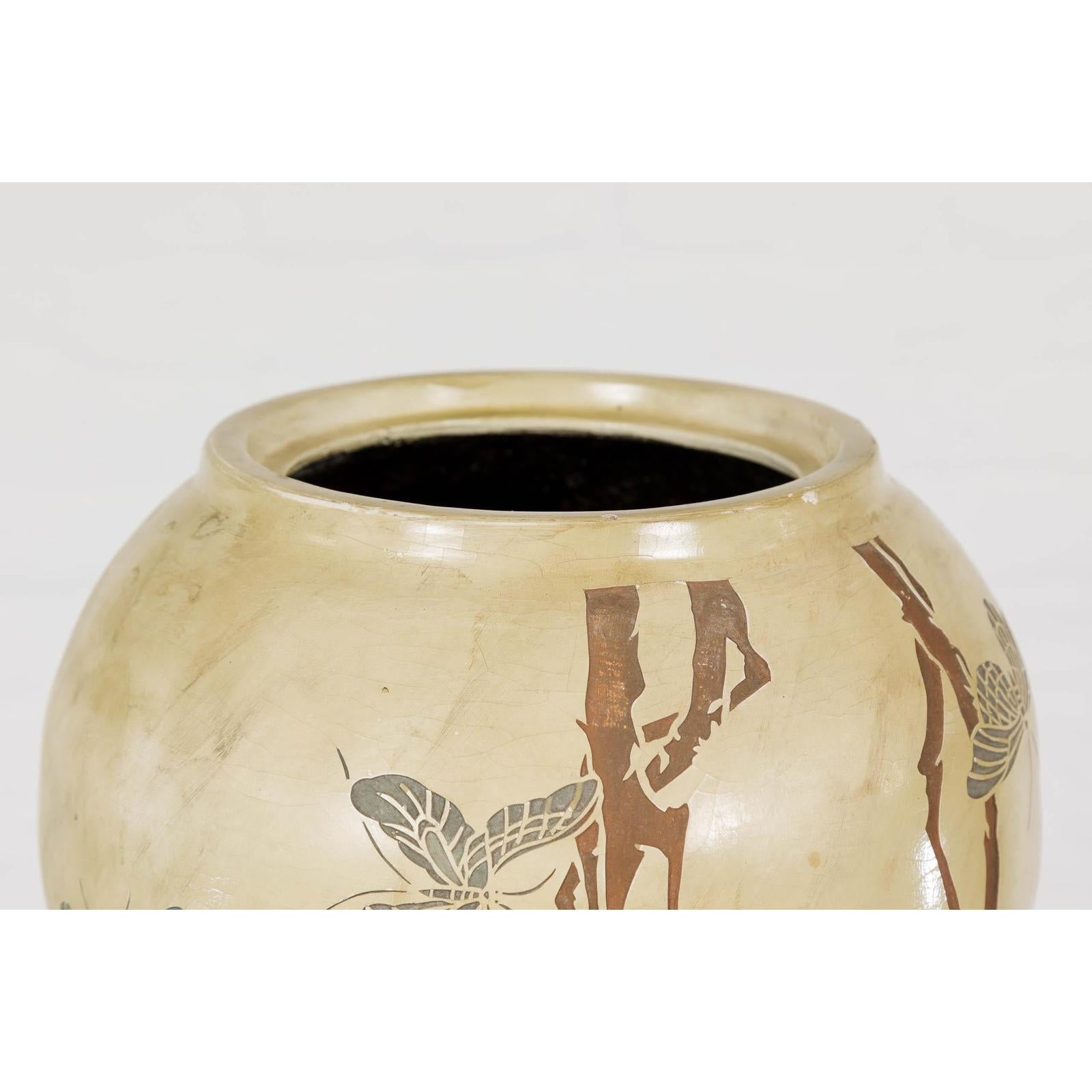 Antique Mustard Glazed Ceramic Planter with Butterfly Decor