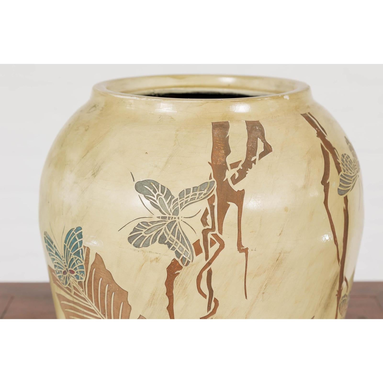 Antique Mustard Glazed Ceramic Planter with Butterfly Decor