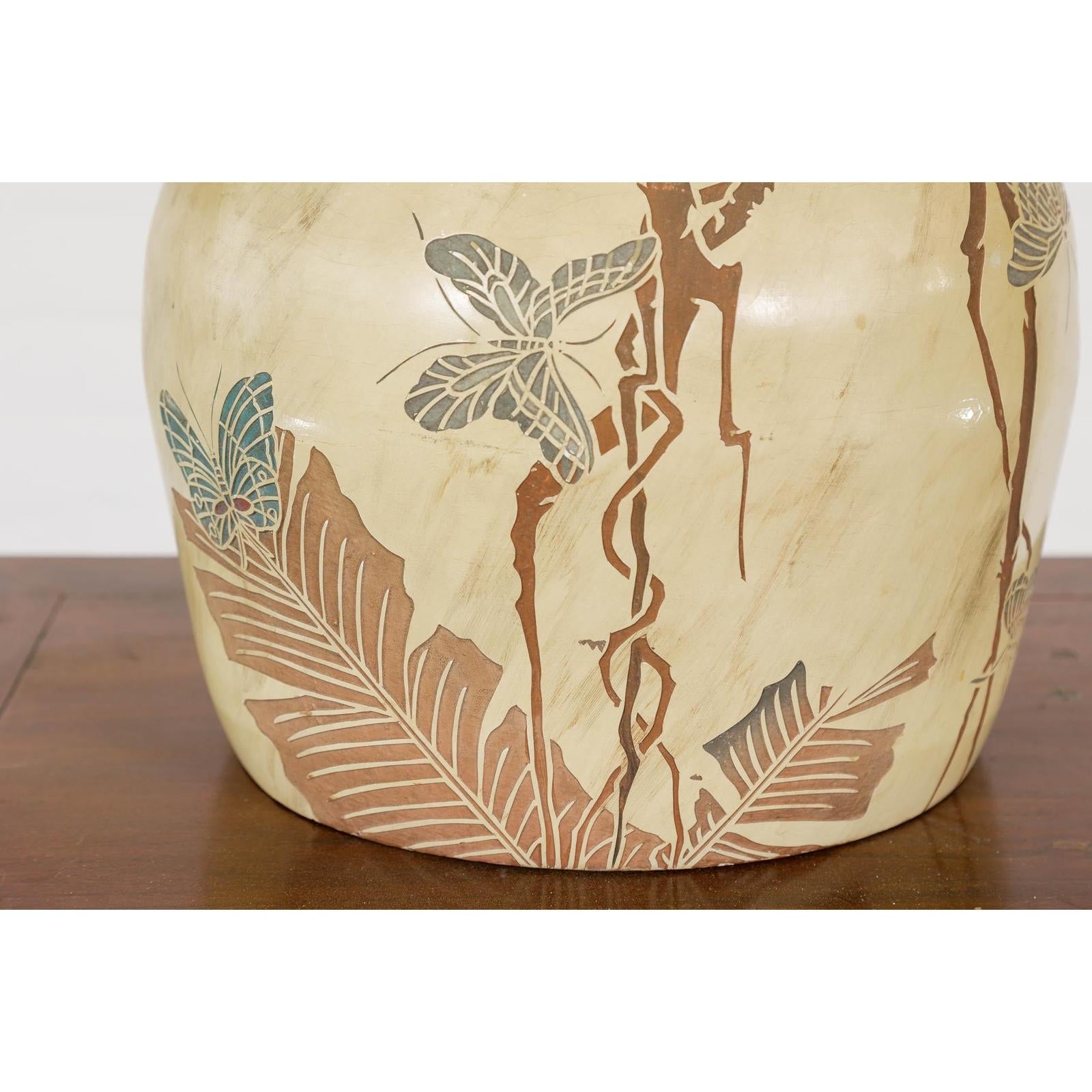 Antique Mustard Glazed Ceramic Planter with Butterfly Decor