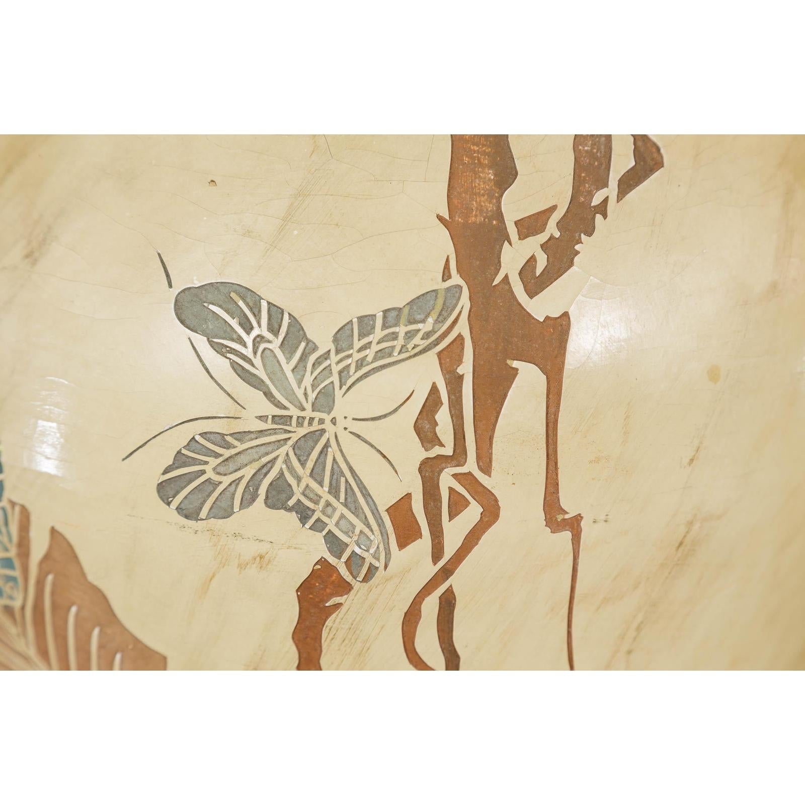 Antique Mustard Glazed Ceramic Planter with Butterfly Decor