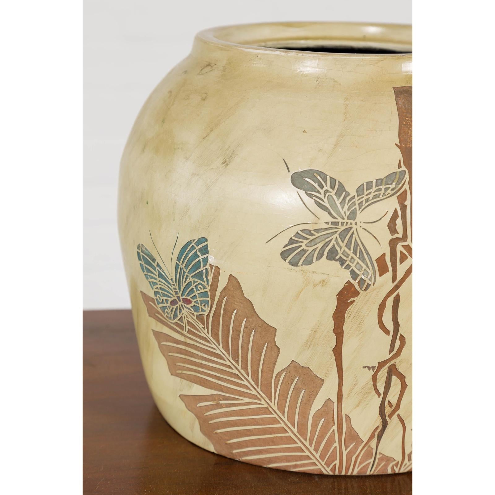 Antique Mustard Glazed Ceramic Planter with Butterfly Decor