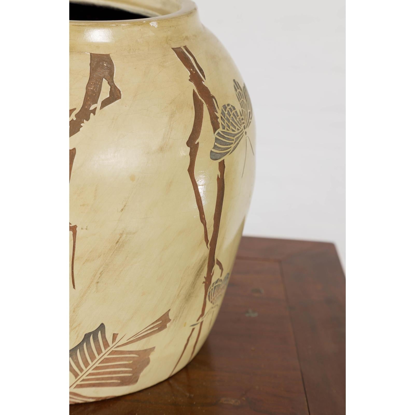 Antique Mustard Glazed Ceramic Planter with Butterfly Decor