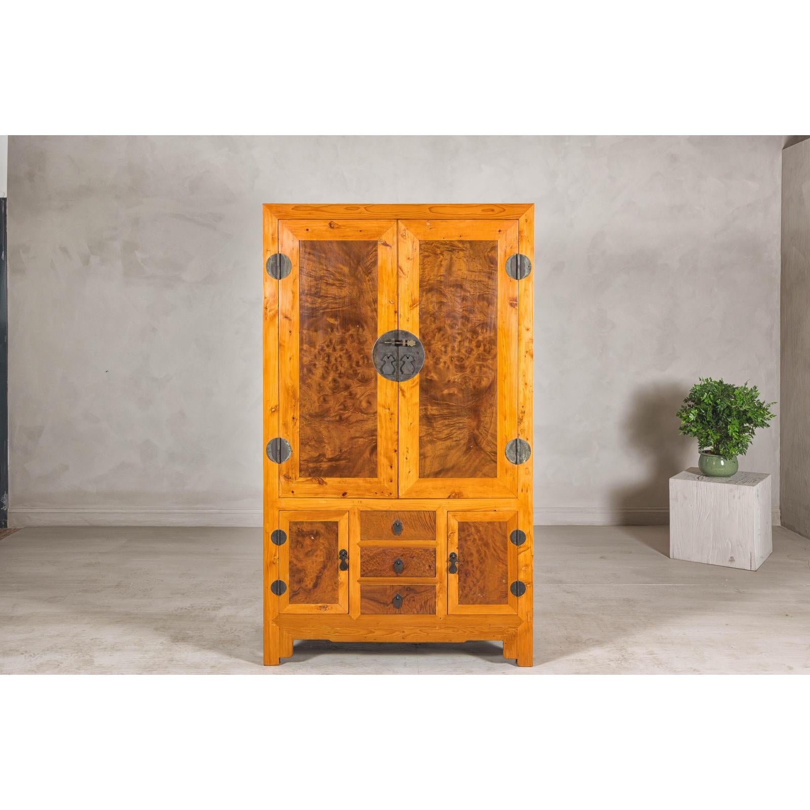 Late Qing Dynasty Two-Tone Burl Wood and Elmwood Compound Cabinet