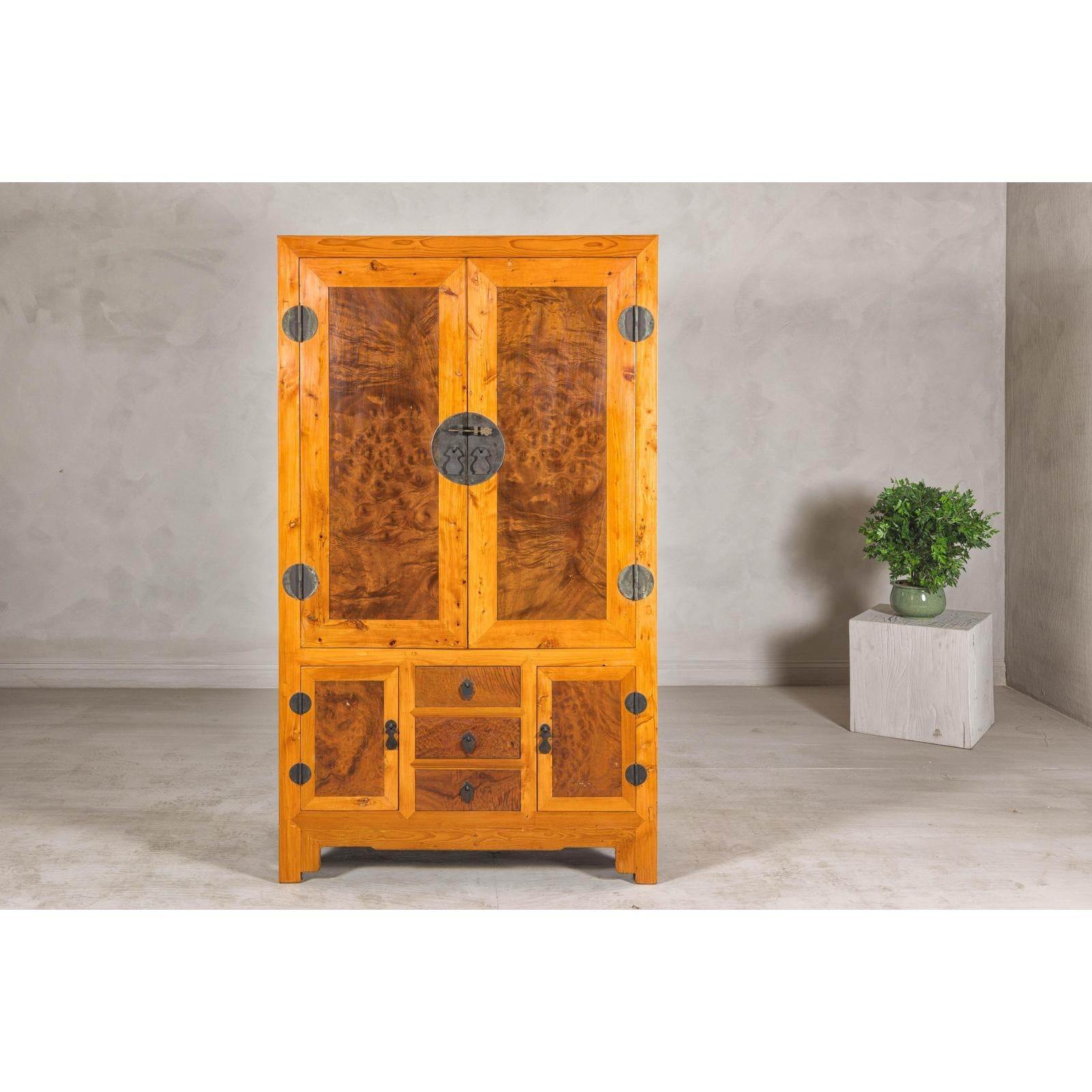 Late Qing Dynasty Two-Tone Burl Wood and Elmwood Compound Cabinet