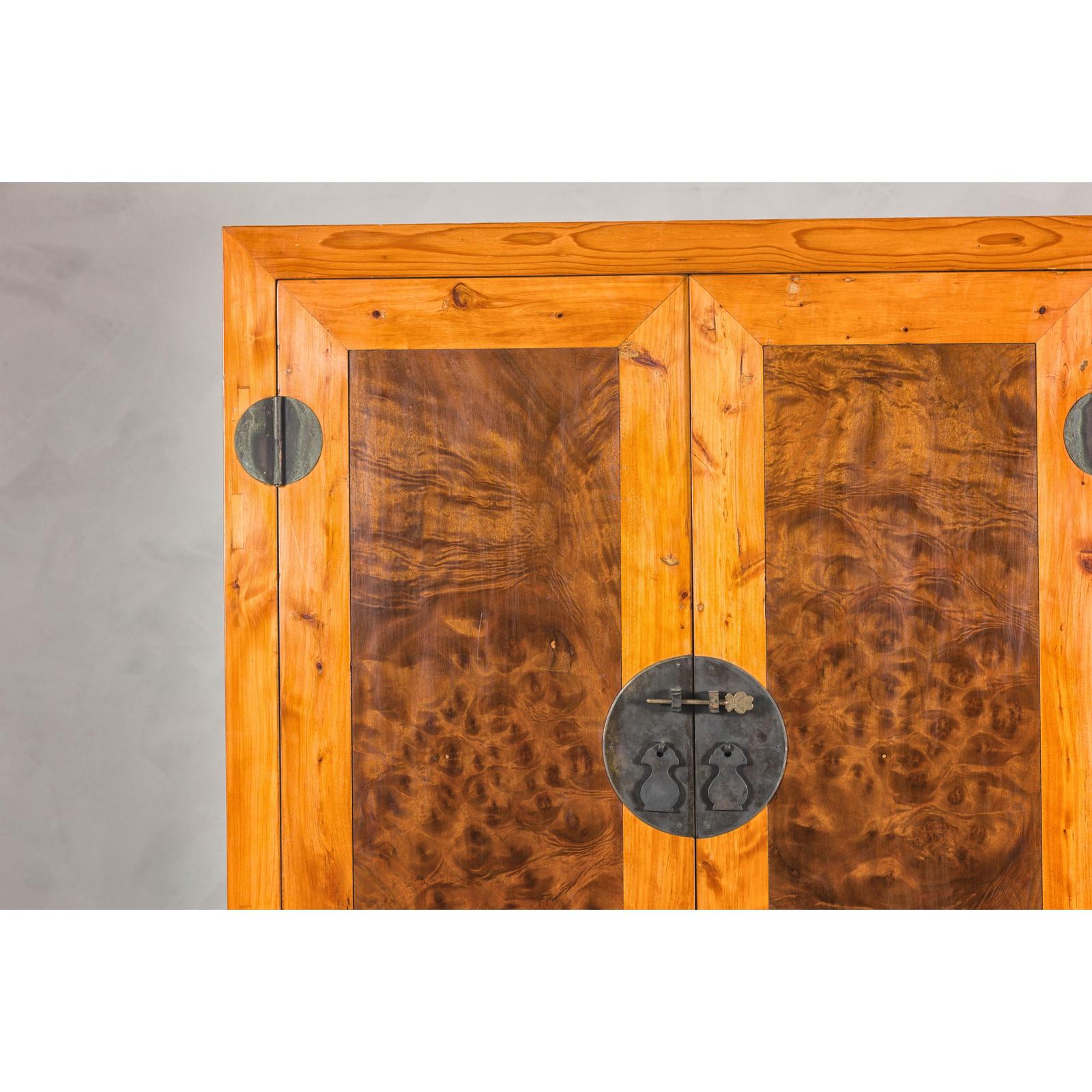Late Qing Dynasty Two-Tone Burl Wood and Elmwood Compound Cabinet
