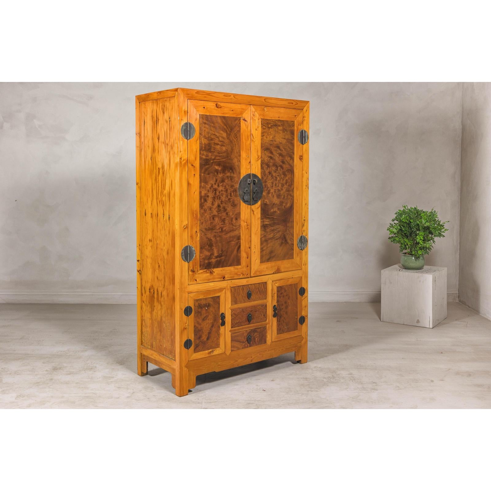 Late Qing Dynasty Two-Tone Burl Wood and Elmwood Compound Cabinet