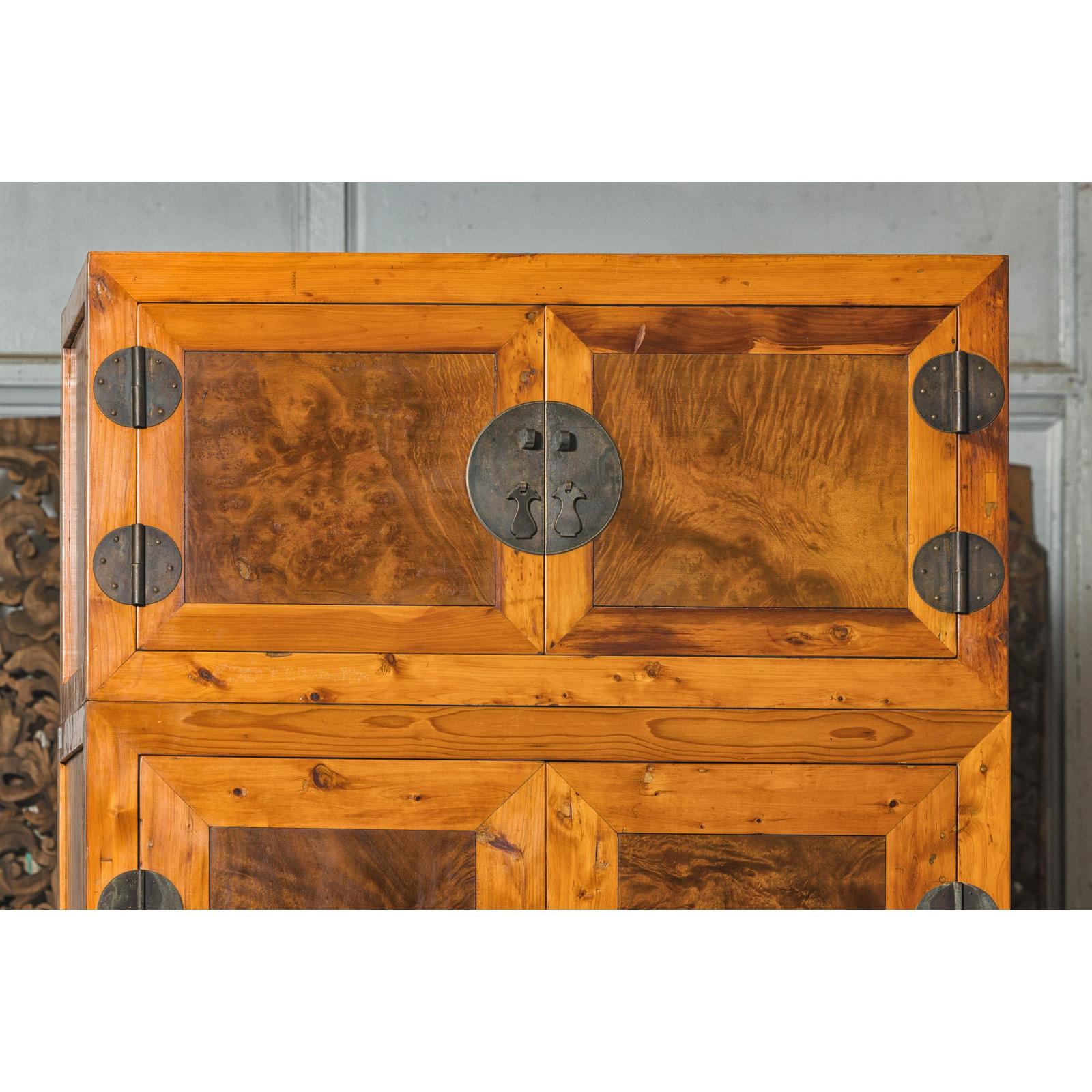Late Qing Dynasty Two-Tone Burl Wood and Elmwood Compound Cabinet