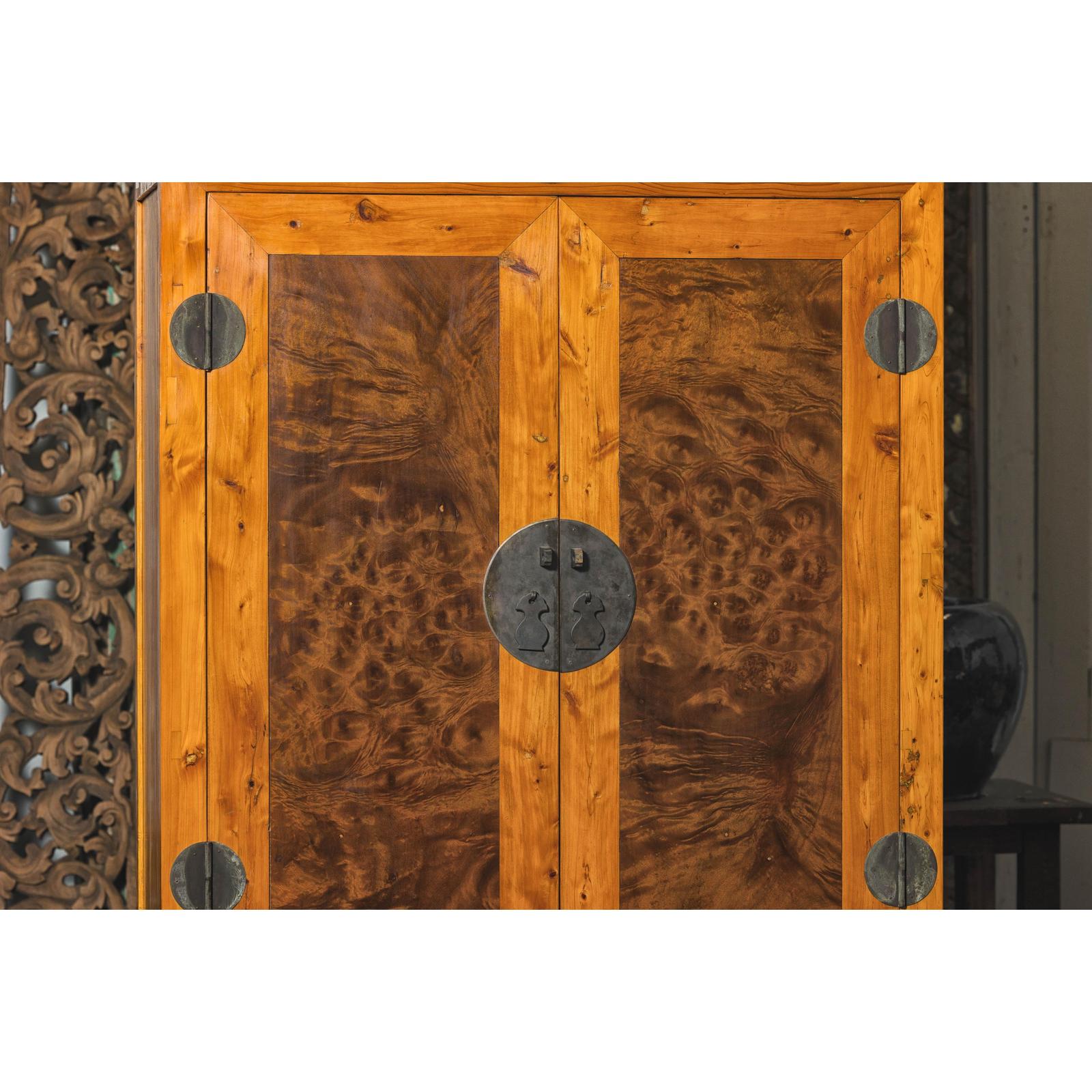 Late Qing Dynasty Two-Tone Burl Wood and Elmwood Compound Cabinet