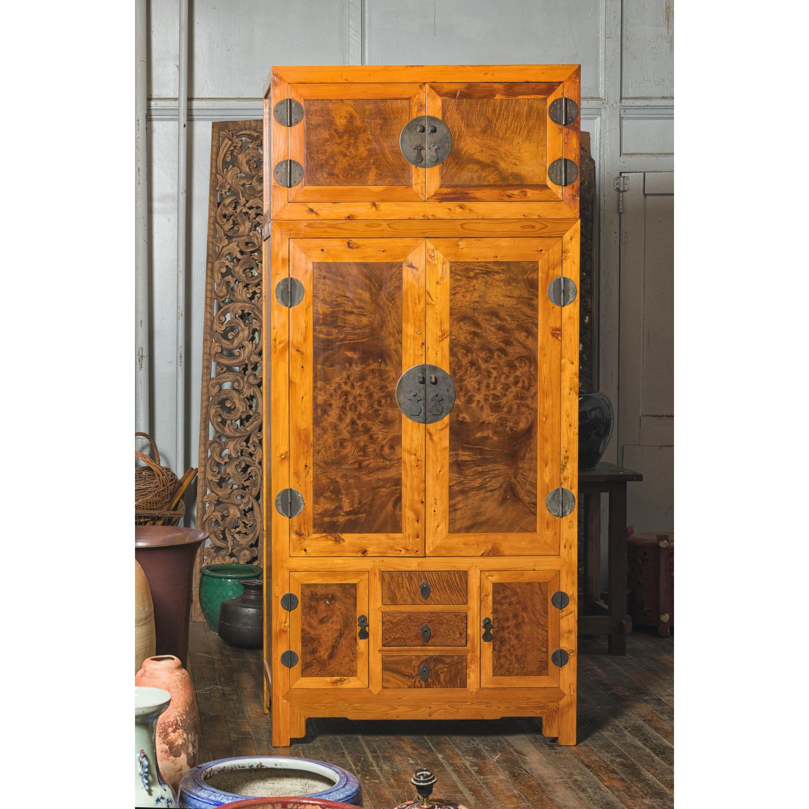 Late Qing Dynasty Two-Tone Burl Wood and Elmwood Compound Cabinet
