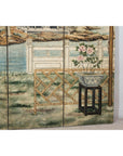 Hand-Painted Four-Panel Screen with Garden Pavilion and Peony Motifs