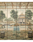 Hand-Painted Four-Panel Screen with Garden Pavilion and Peony Motifs