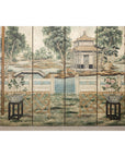 Hand-Painted Four-Panel Screen with Garden Pavilion and Peony Motifs