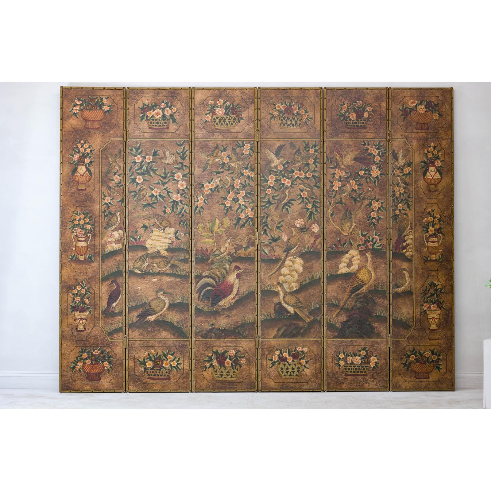 Vintage Six-Panel Leather Screen with Birds, Flowers, and Roosters