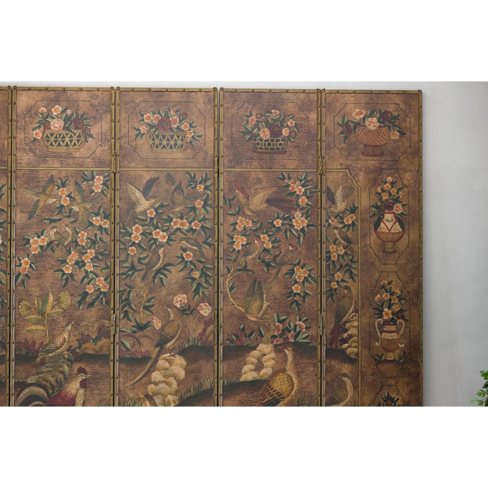 Vintage Six-Panel Leather Screen with Birds, Flowers, and Roosters