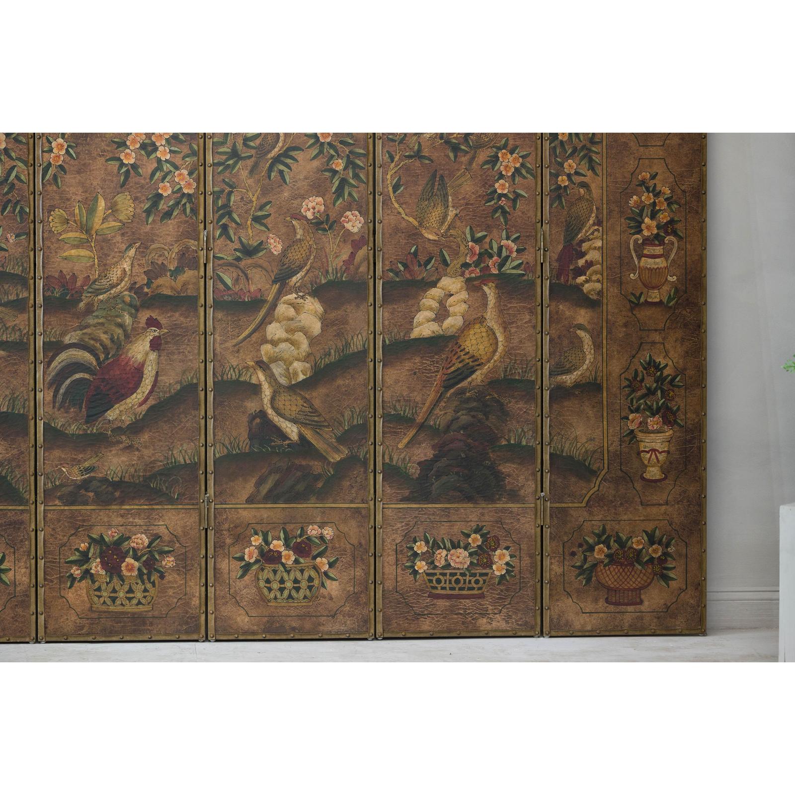 Vintage Six-Panel Leather Screen with Birds, Flowers, and Roosters