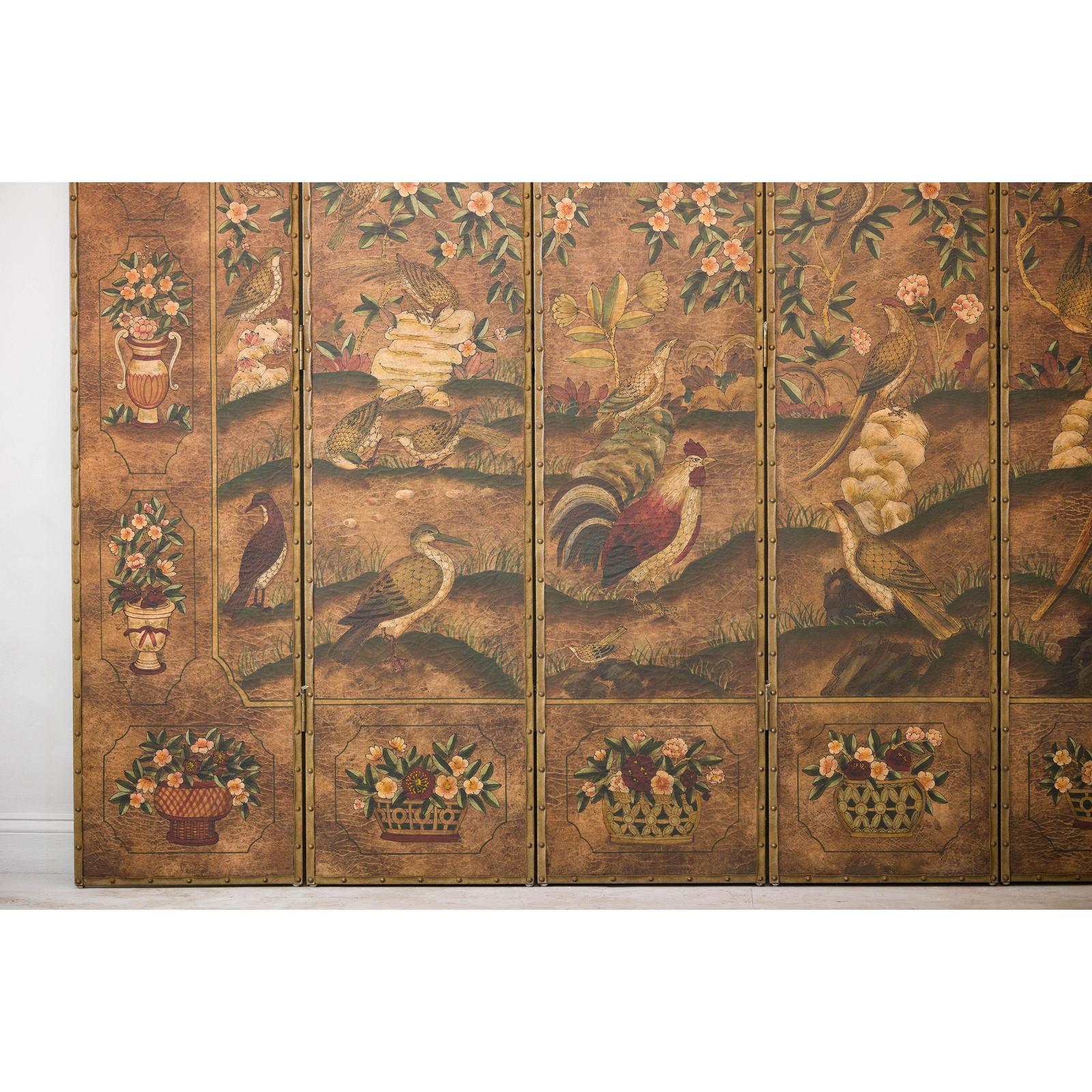 Vintage Six-Panel Leather Screen with Birds, Flowers, and Roosters