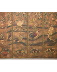 Vintage Six-Panel Leather Screen with Birds, Flowers, and Roosters