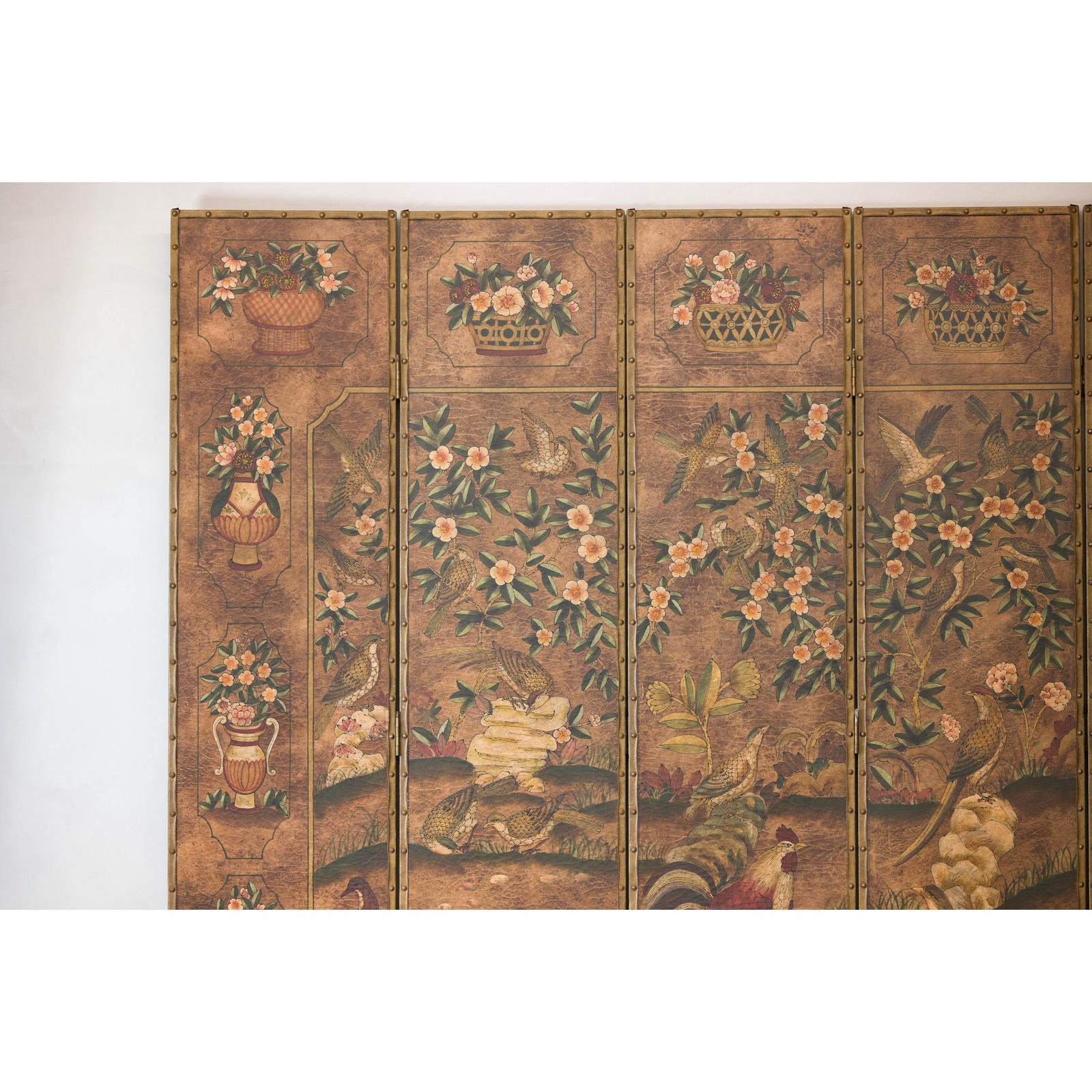 Vintage Six-Panel Leather Screen with Birds, Flowers, and Roosters