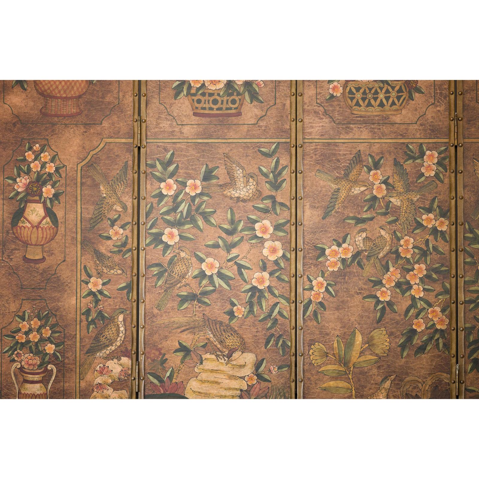 Vintage Six-Panel Leather Screen with Birds, Flowers, and Roosters