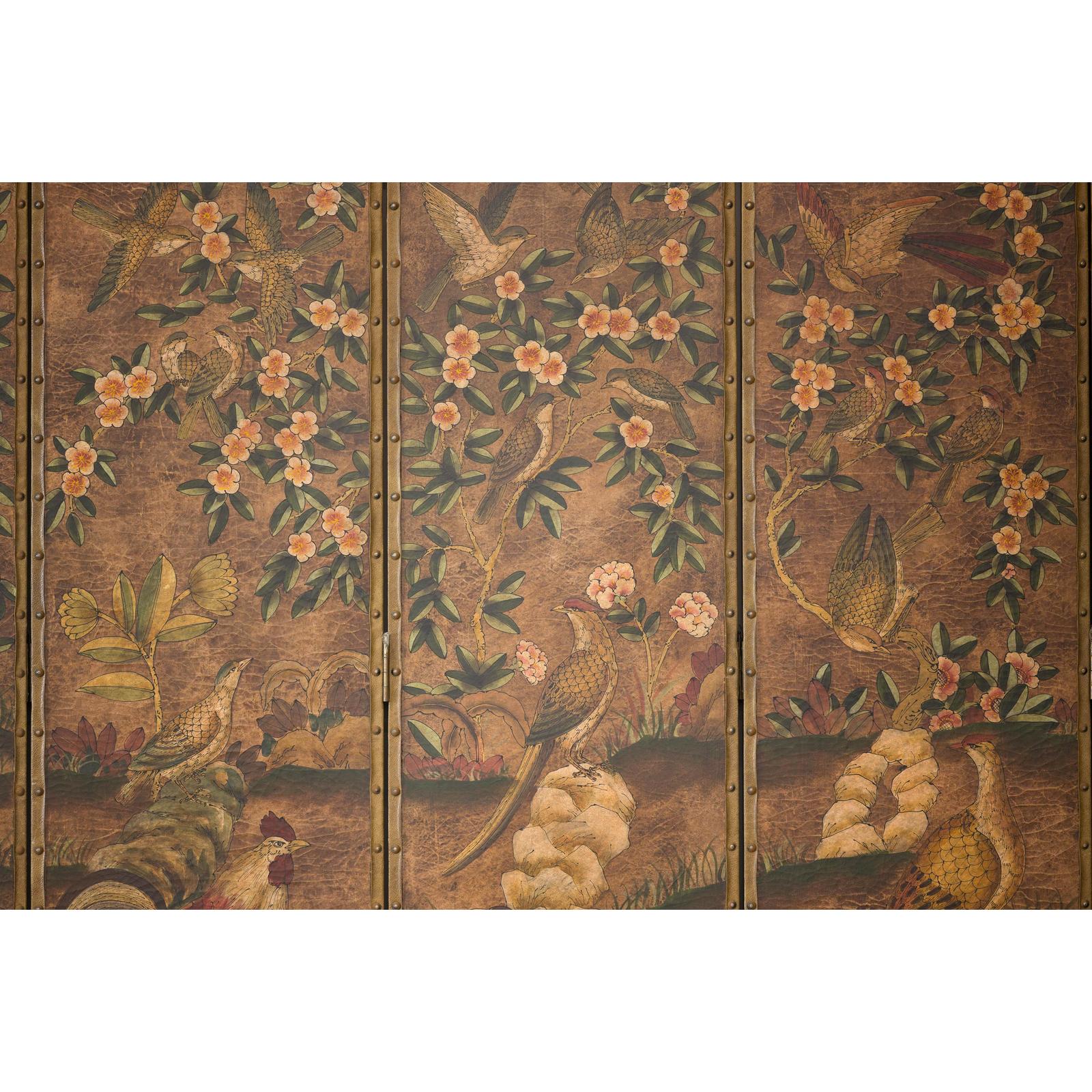 Vintage Six-Panel Leather Screen with Birds, Flowers, and Roosters