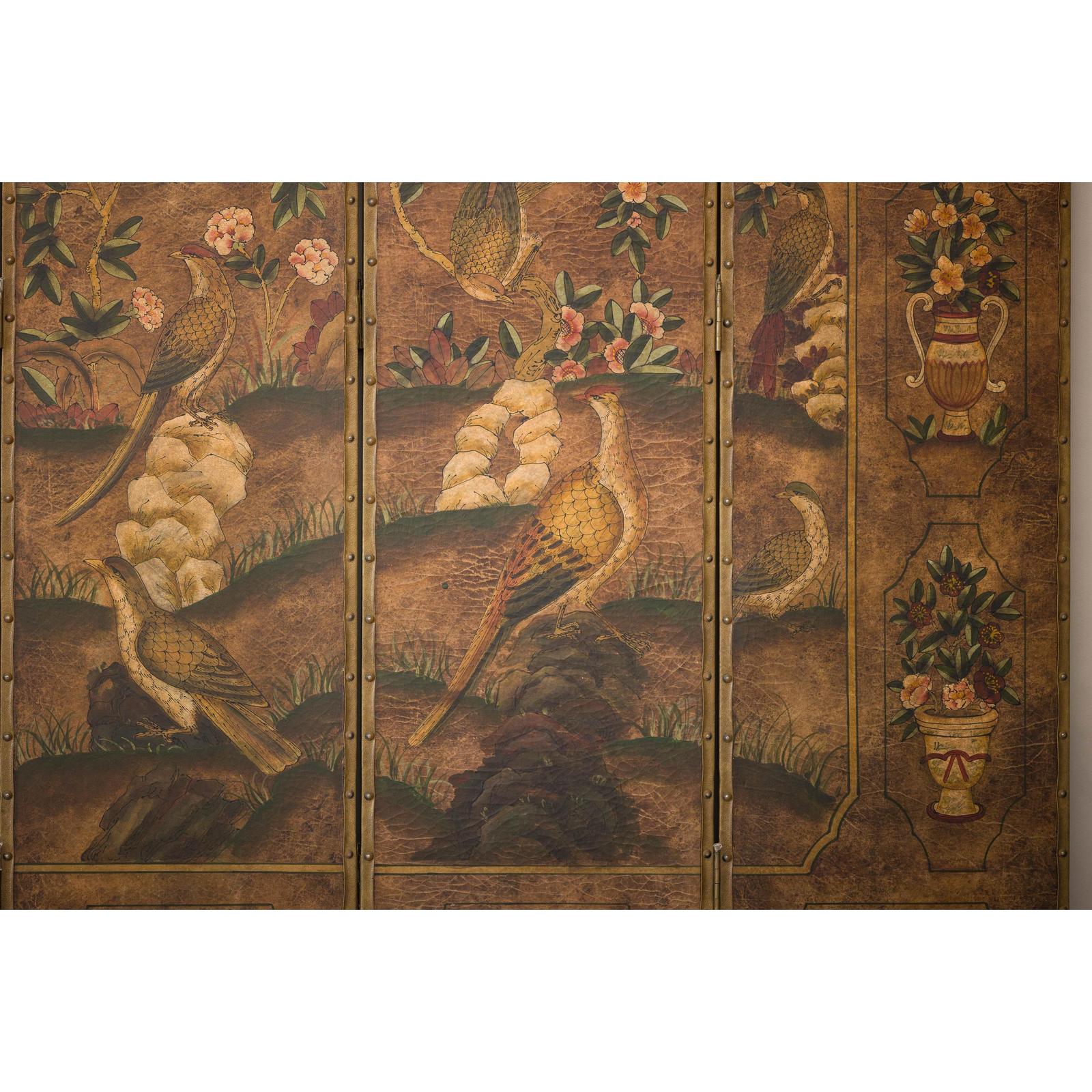 Vintage Six-Panel Leather Screen with Birds, Flowers, and Roosters