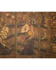 Vintage Six-Panel Leather Screen with Birds, Flowers, and Roosters