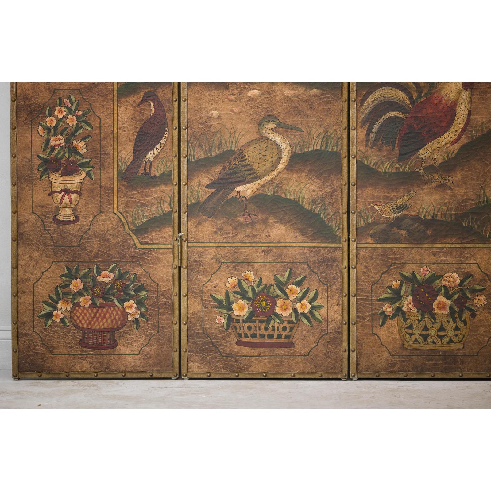 Vintage Six-Panel Leather Screen with Birds, Flowers, and Roosters
